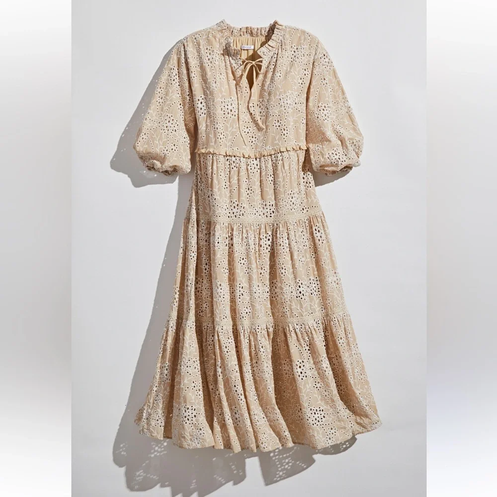 Chicos Tiered Ruffle Eyelet Midi Sz L - Picture 2 of 4